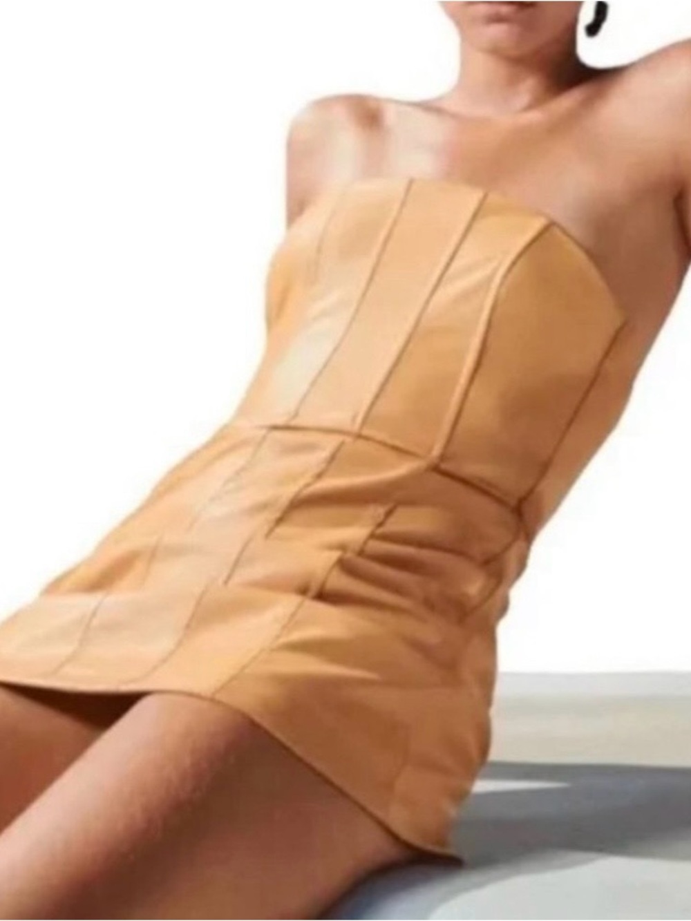 Zara Strapless Camel Faux-Leather Mini Dress